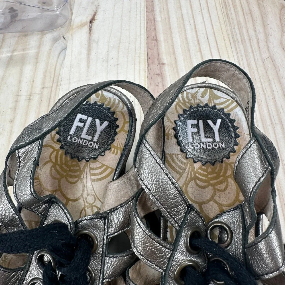 Fly London Yito Platform Sandals Womens 6.5-7 Bronze Metallic Lace Up Wedge